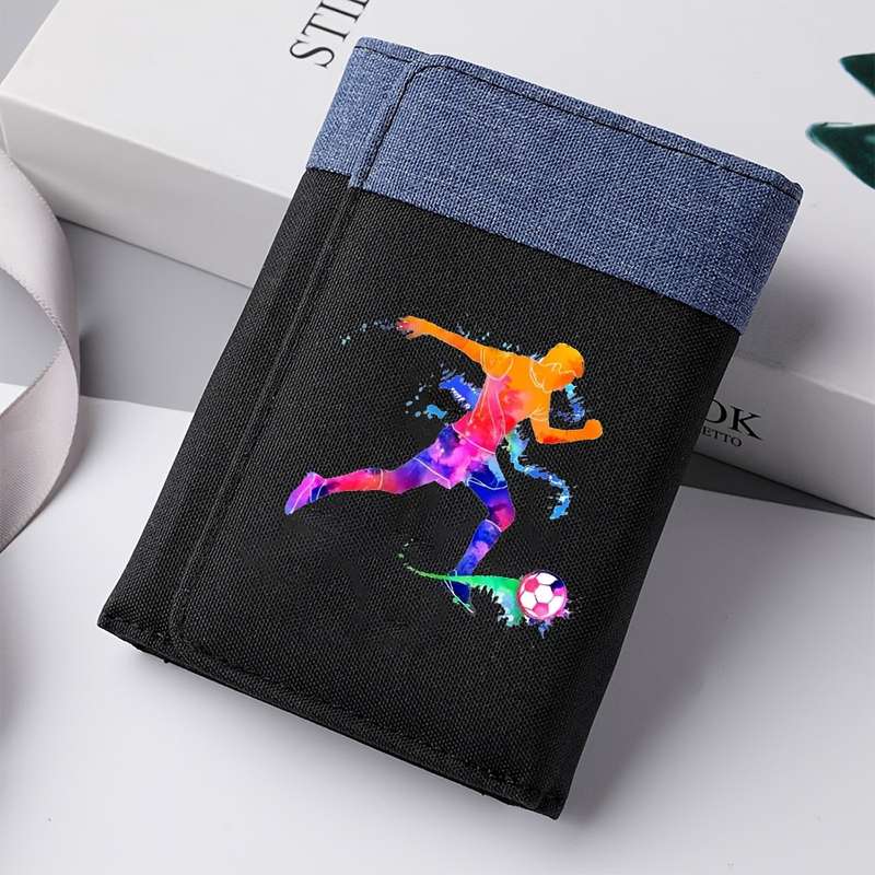1pc Men'S Casual Canvas Wallet with Football Player Design Color Block Double-Fold Multi-Car