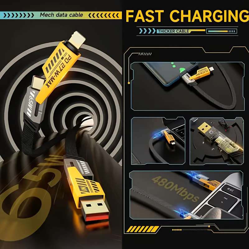 1pc Fast Charging 4-in-1 Cable Dual Type-C USB Lighting Connectors 47.24in 120cm Fabric F