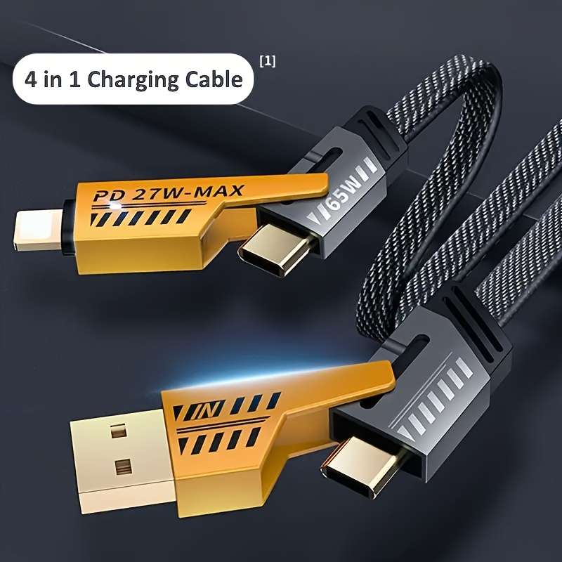 1pc Fast Charging 4-in-1 Cable Dual Type-C USB Lighting Connectors 47.24in 120cm Fabric F