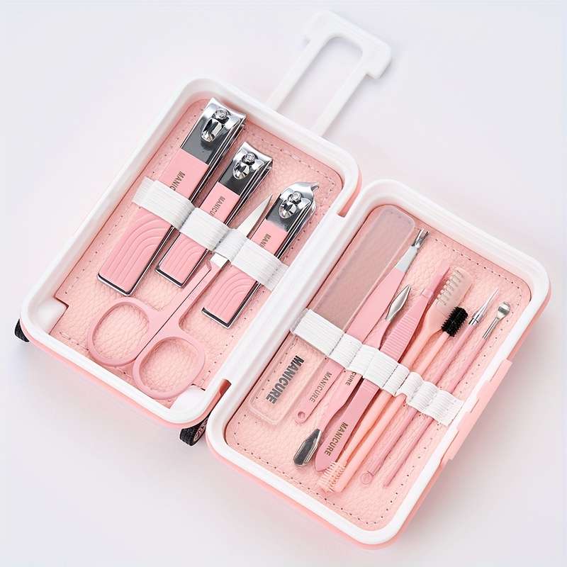 12pcs Set Modern Manicure Travel Kit Portable Trolley Case Nail Set Nail Clippers And Groomin