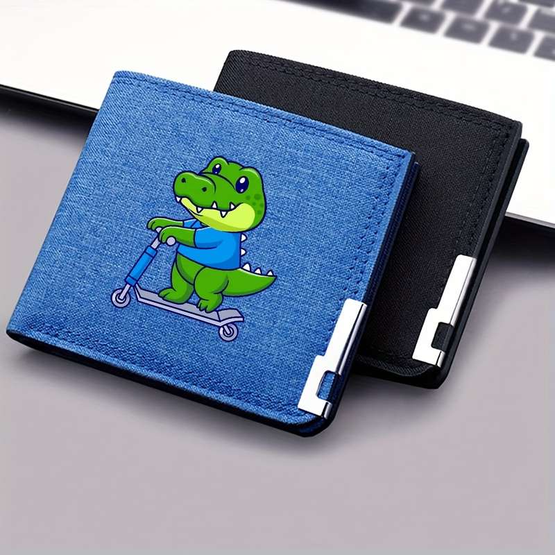 1pc Dinosaur Skateboard Design Canvas WalletCompact Lightweight Multi-Slot Bifold with Sn