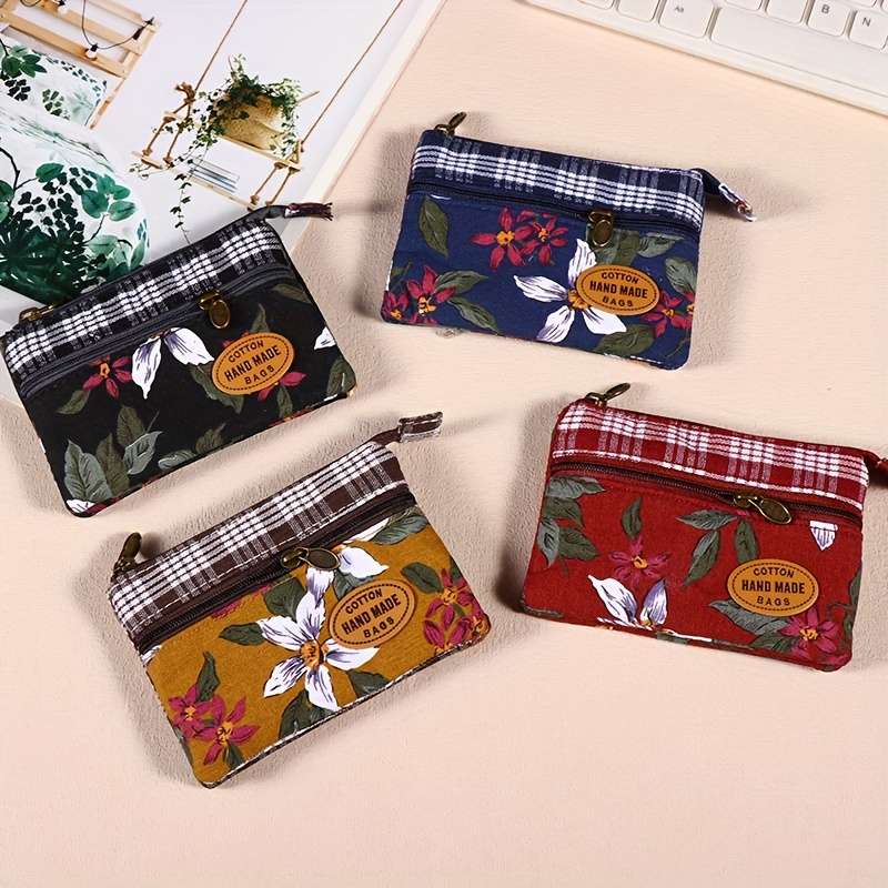1pc Mini Fabric Coin Purse Flower Pattern Card Holder Multi Layer Change Pouch Wallet