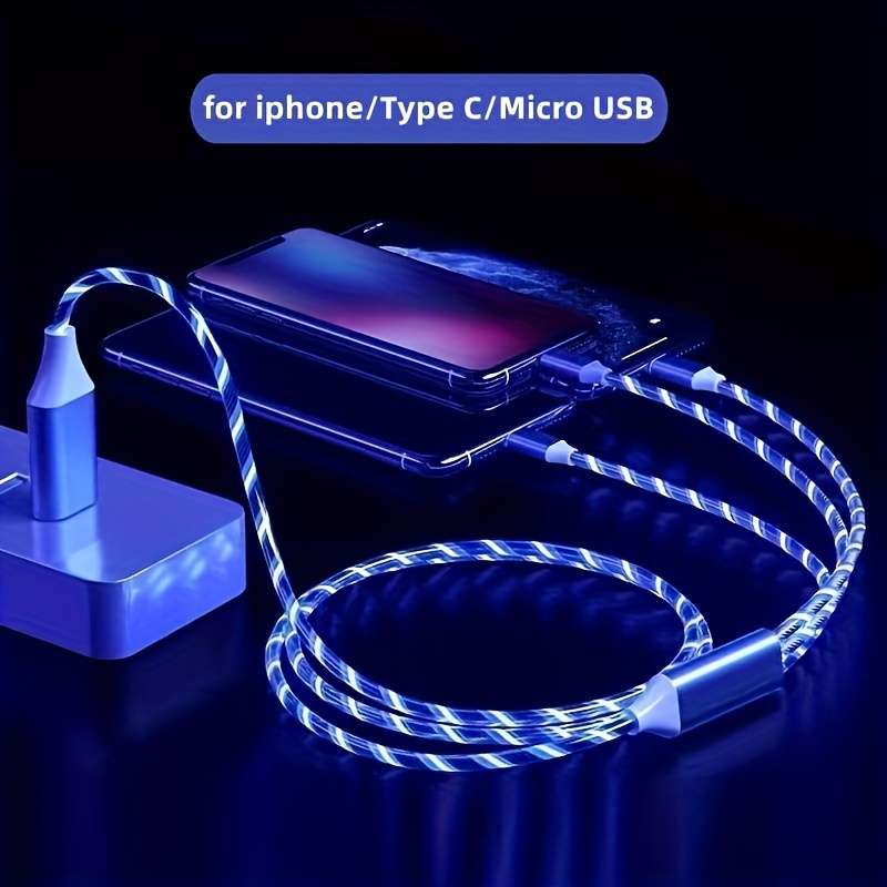 1pc 120cm 3in1 USB Cable 12W Charger Compatible with iPhone Type C Android Micro USB Round
