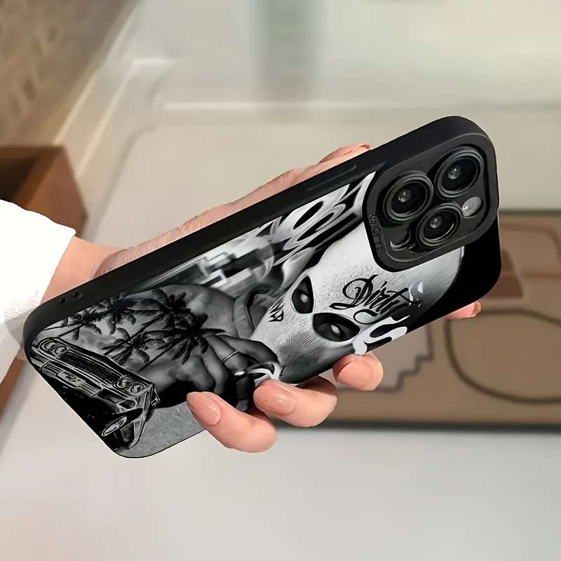 1Pc Black For iPhone 15 Plus White Skull Phone Case
