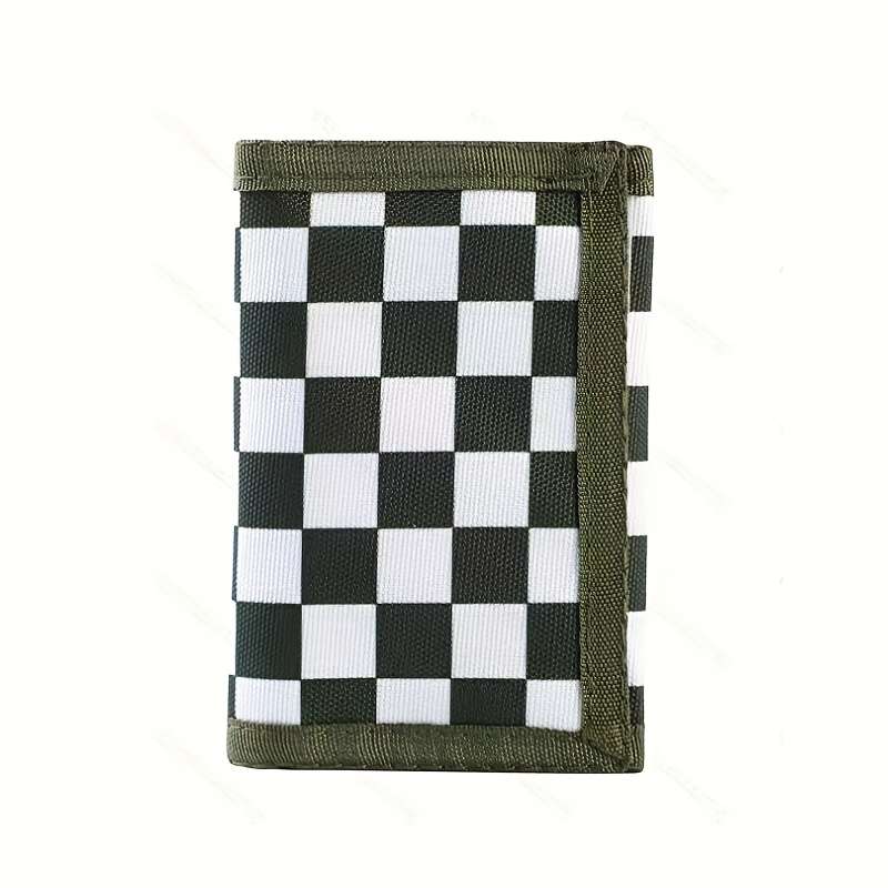 1pc Three-fold camouflage wallet with keychain black and white plaid design small foldable coin b