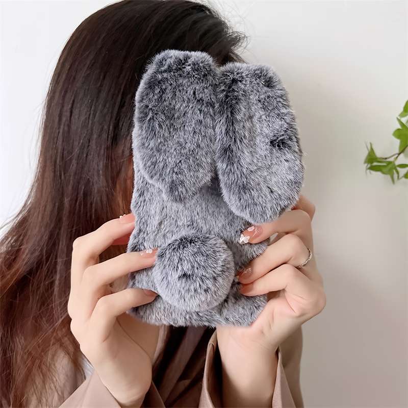 1Pc Grey For iPhone 15 Plus Cute Rabbit Plush Phone Case