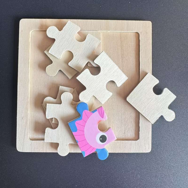 1pc Ocean-Themed Wooden Puzzle Board with Colorful Marine Life Pieces Educational T