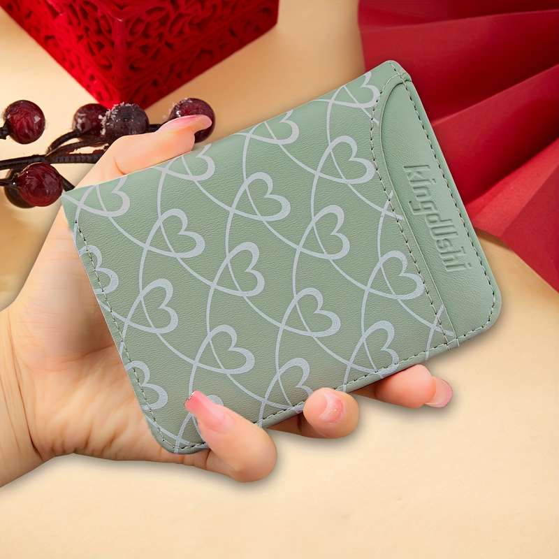 1pc Baweisibinli Women's Sweet Style Mini WalletMint Green Beige Heart Print Compact Double-F