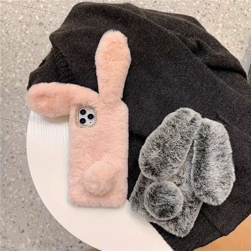 1Pc Grey For iPhone 15 Plus Cute Rabbit Plush Phone Case
