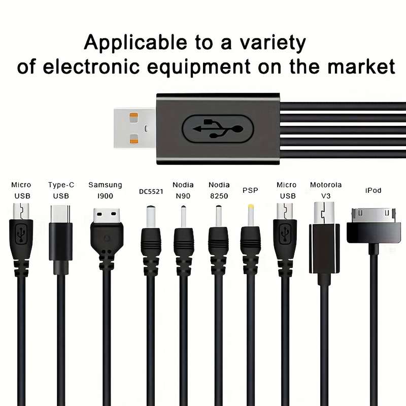 1pc 10-in-1 USB Charging Cable Set PVC Matte Round Cable 21cm USB Male to Female 5-10W Powe