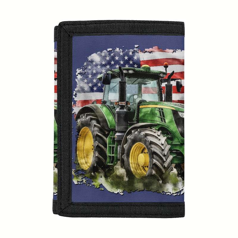 1pc Casual Style Trifold Polyester Wallet for Men American Flag Farm Tractor Design Outdoor