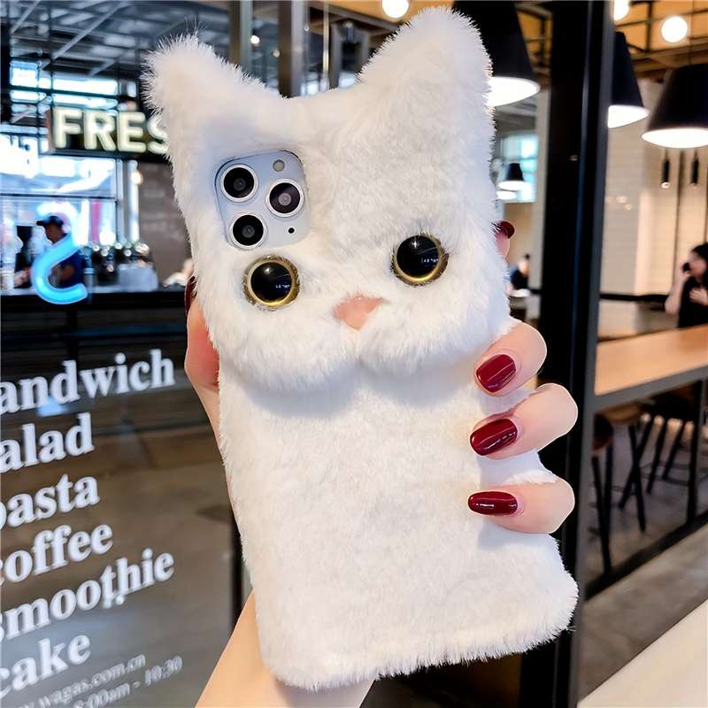 1Pc Pink Red For iPhone 7 8 Soft Winter Cat Plush Phone Case