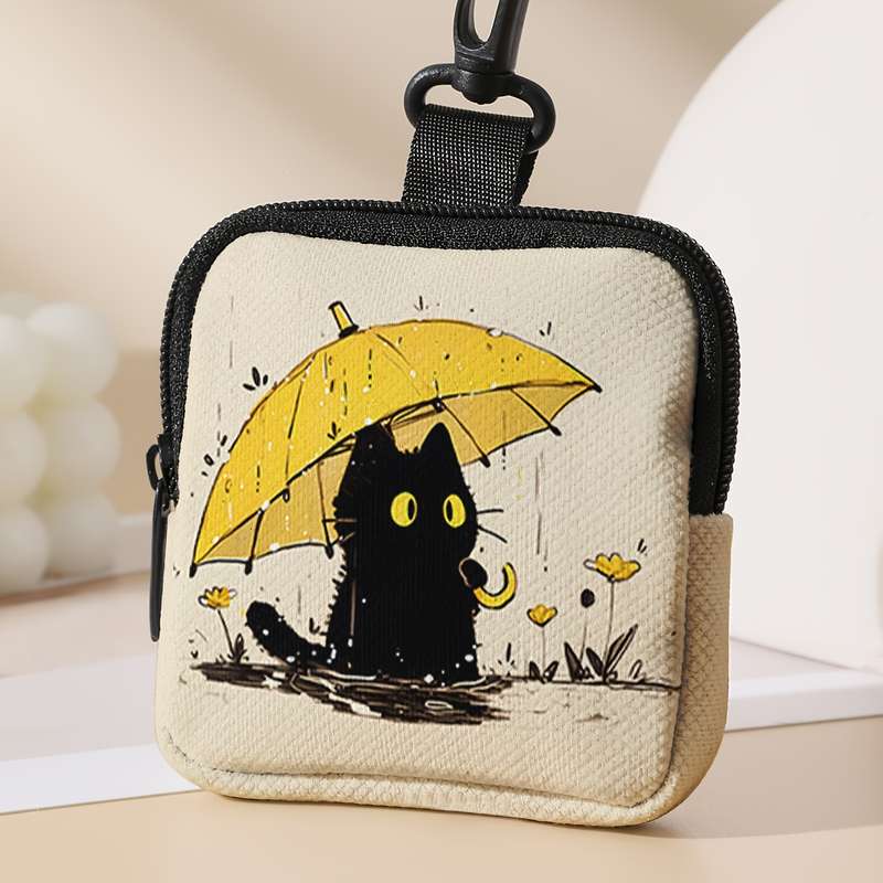 1pc Contemporary Black Cat with Umbrella Polyester Coin Purse Large Capacity Zippered Multi-Functi