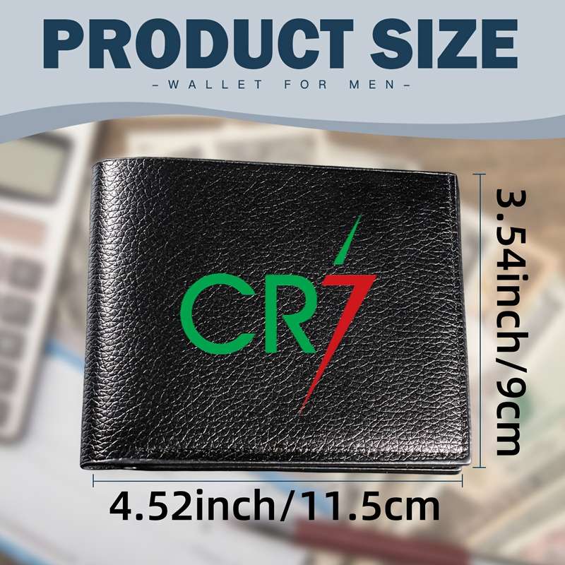 1pc CR7 Men's Sleek Black Faux Leather Bifold Wallet with Card HolderCompact Multifunctional