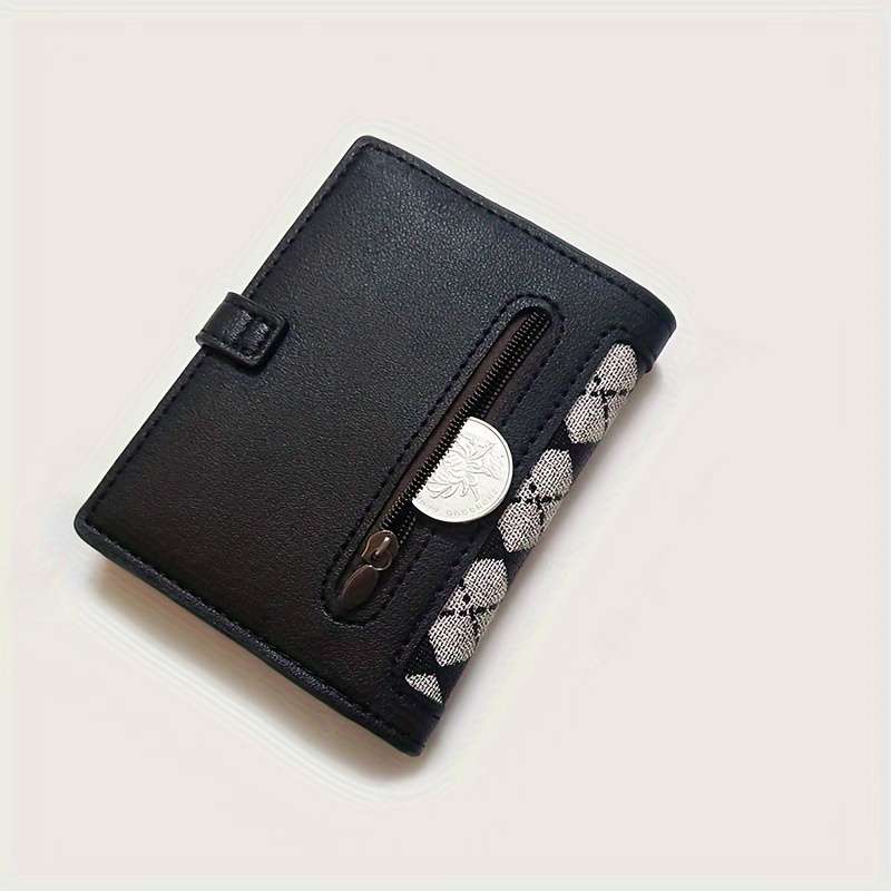 1pc Classic Black PU Wallet for WomenShort Multi-Function Zippered Coin and Card Holder with Pol