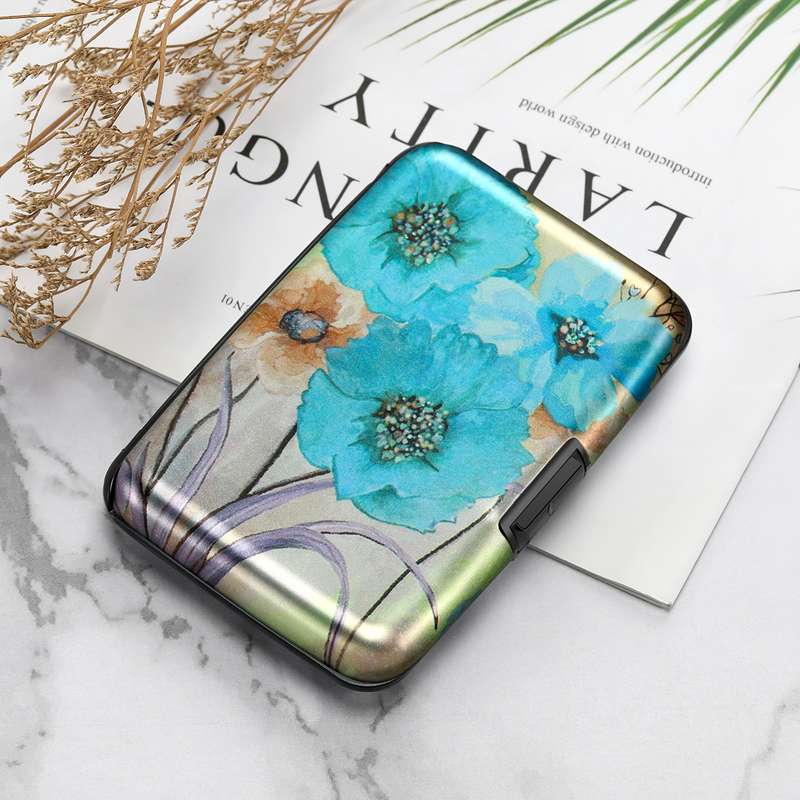 1pc Vintage Blue Flower Mini RFID Metal Wallet with Buckle ClosureBi-Fold Design Polyurethane L