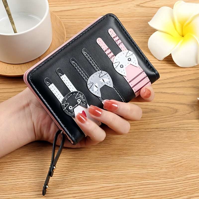 1pc Cute Cartoon Cat Design Synthetic Leather Wallet for Women Casual Style Bi-fold with Snap