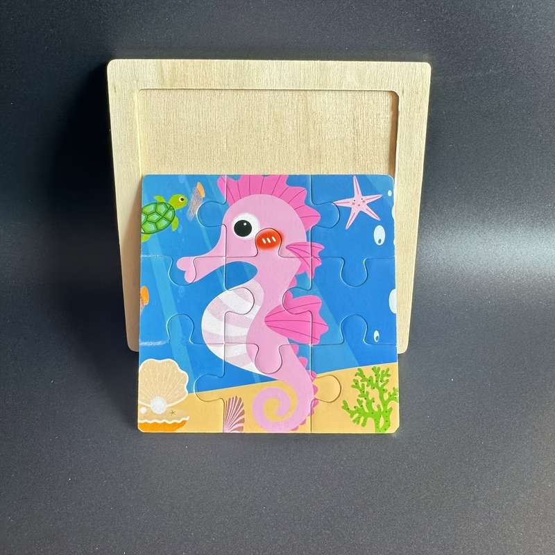 1pc Ocean-Themed Wooden Puzzle Board with Colorful Marine Life Pieces Educational T