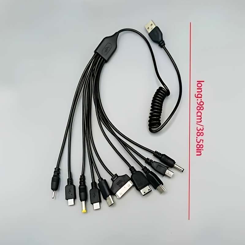 1pc 10in1 Multi-Device USB Charging Cable Hub Black PVC Flat Design with 10 Connectors for Si