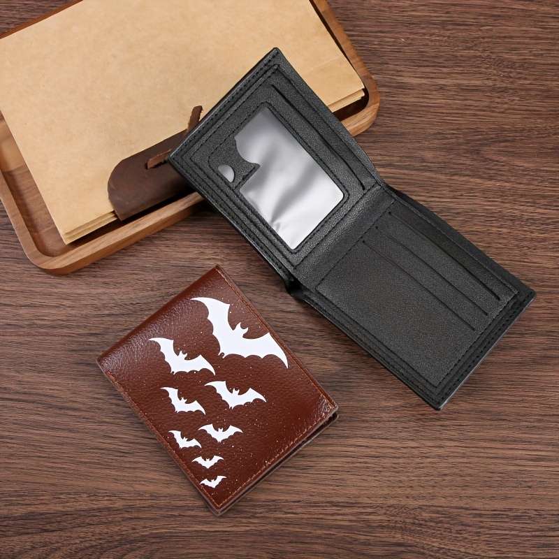 1pc Festive Black Leather Bifold Wallet with White Bat PrintPU Leather Casual Style Animal Pat