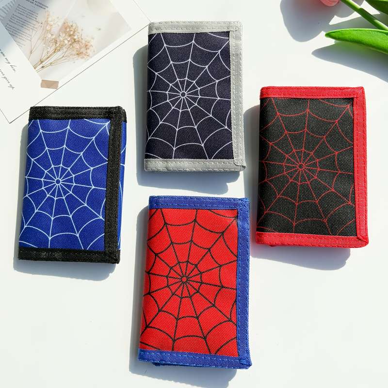 1pc Spider Web Design Trifold Wallet for Teens Stylish Cartoon Print Durable Polyester Large Ca