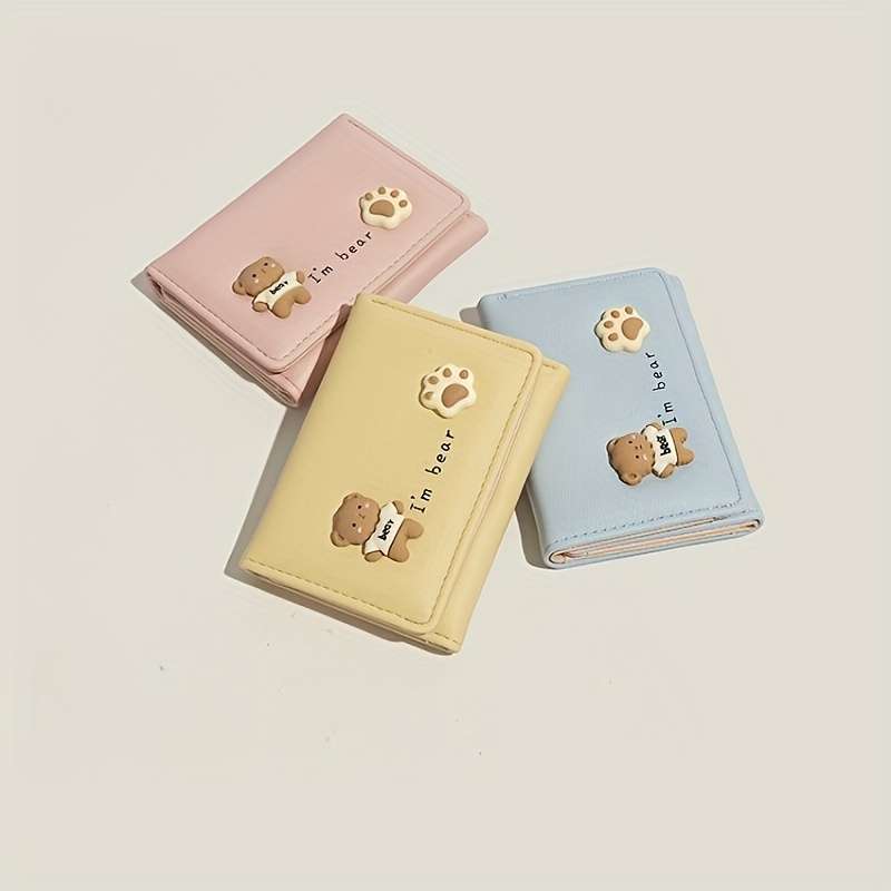 1pc Chic Compact Folding Wallet for WomenCute Cartoon Design Slim Faux Leather Card Holder