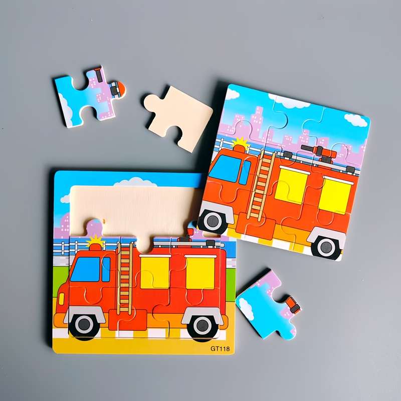 1pc Wooden Puzzles Means of Transportation Puzzles Wooden Fire Fighting Truck Puzzle