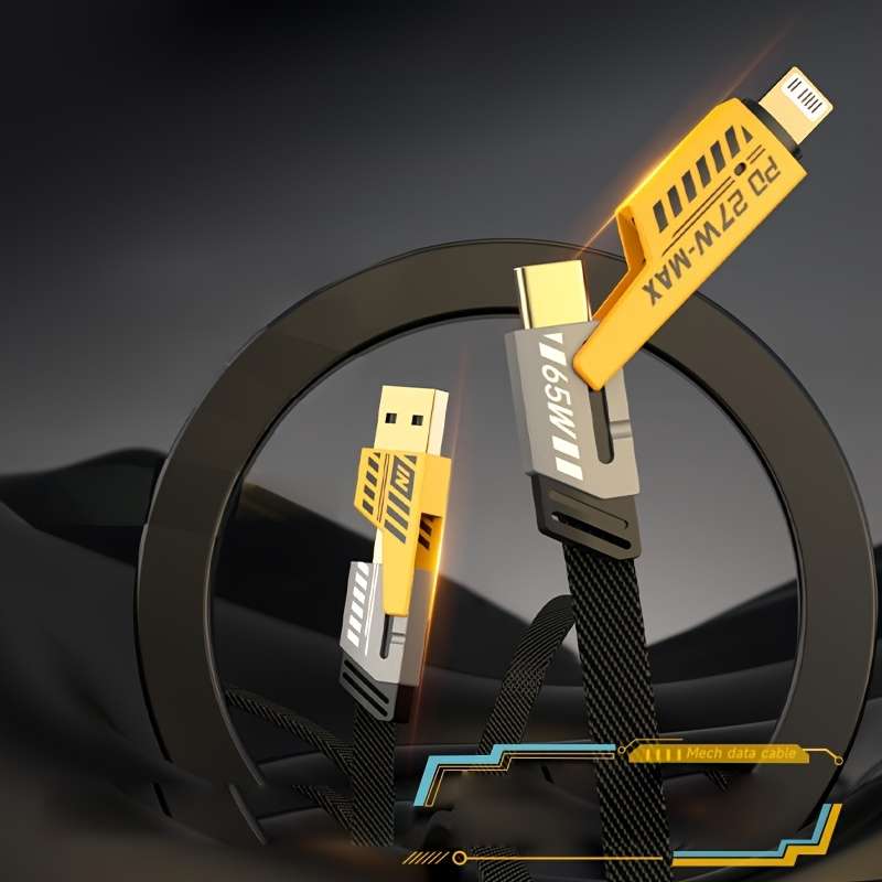 1pc Fast Charging 4-in-1 Cable Dual Type-C USB Lighting Connectors 47.24in 120cm Fabric F