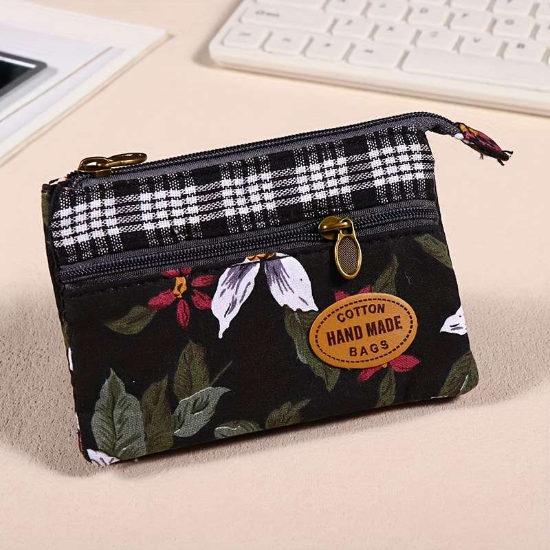 1pc Mini Fabric Coin Purse Flower Pattern Card Holder Multi Layer Change Pouch Wallet