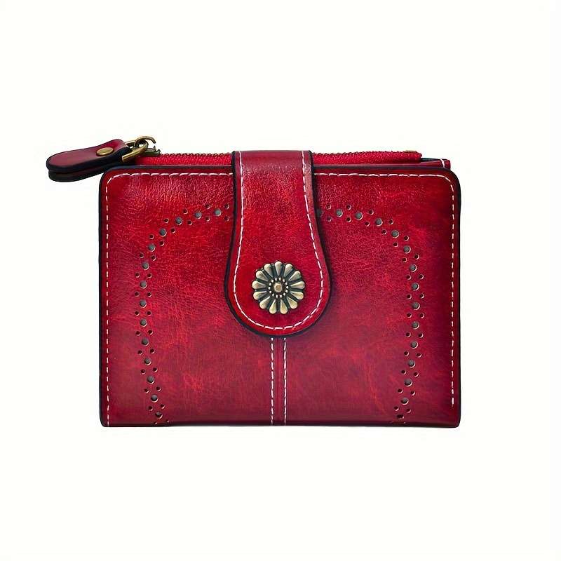 1pc Vintage Women's Faux Leather Wallet Mini Zipper Coin And Card Holder With Hollow Design Multi