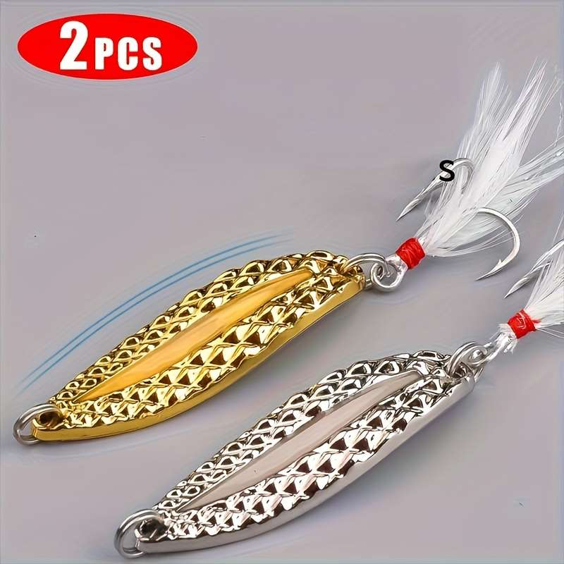 2pcs 10g Fishing Lures With Luminous Night Light Rotating Spoons And Feathered Treble Hooks