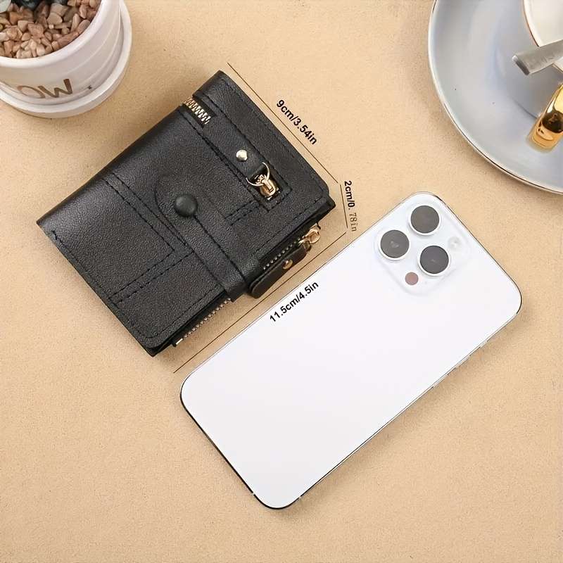 Women'S Stylish Black Short Wallet with Multiple Zippers and ClaspsLarge Capacity for Coins Chan