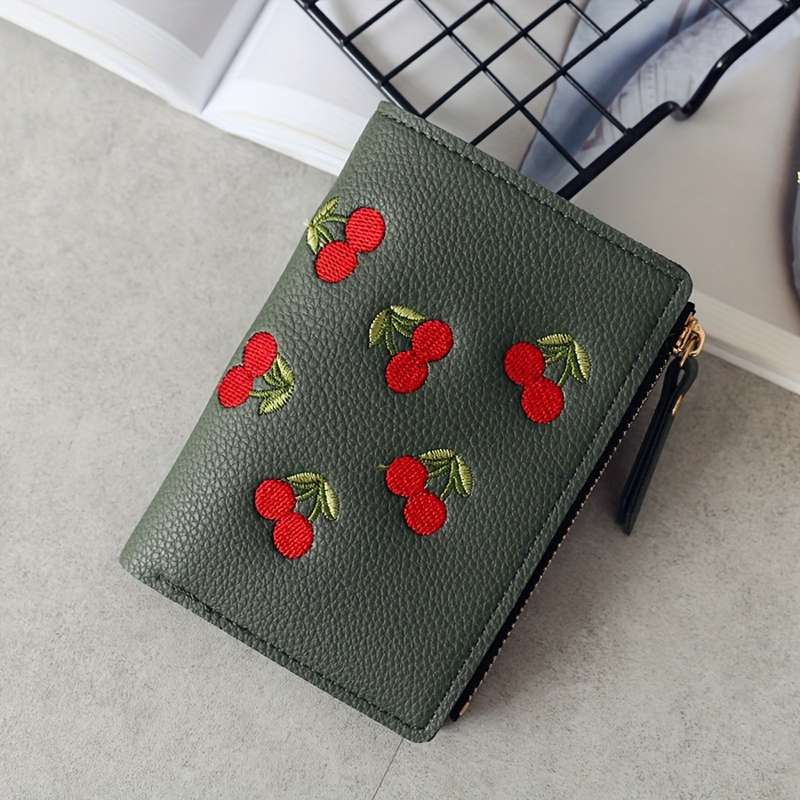 1pc Cherry Embroidery Women's Vertical Wallet Fashionable PU Short Clutch Purse Trendy Portable P