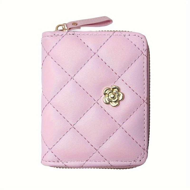 1pc Elegant Pink Quilted Women's Wallet with Golden-Tone AccentsSlim Multi-Function Clutch Purse