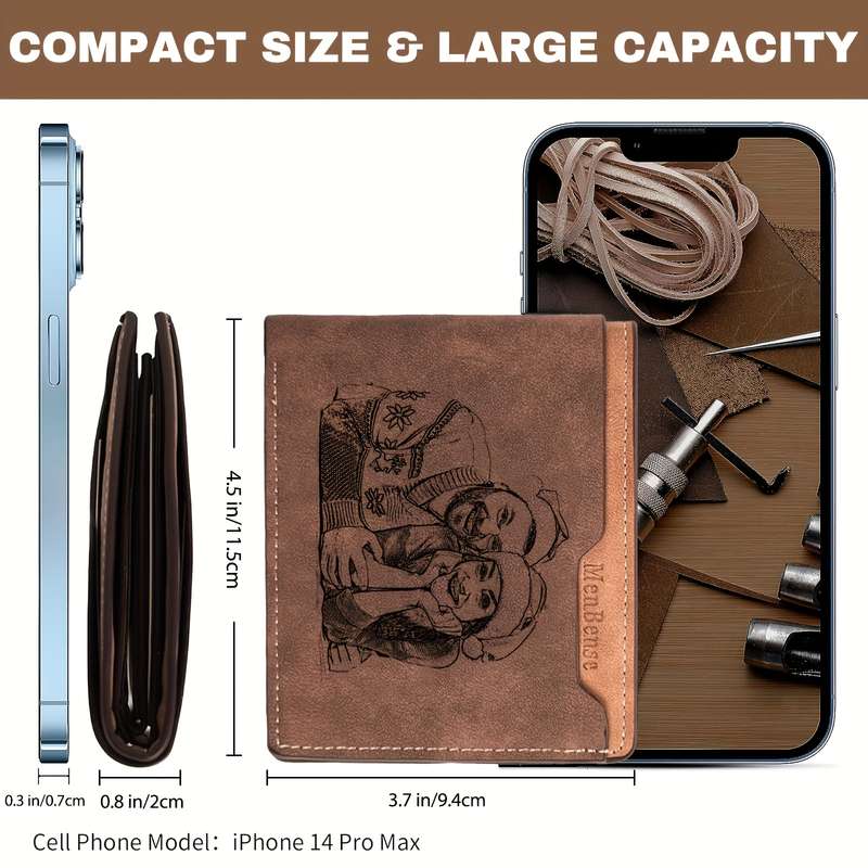 1pc Vintage Style Custom Photo Wallet Personalized Engraved Picture Name with Zipper Closur