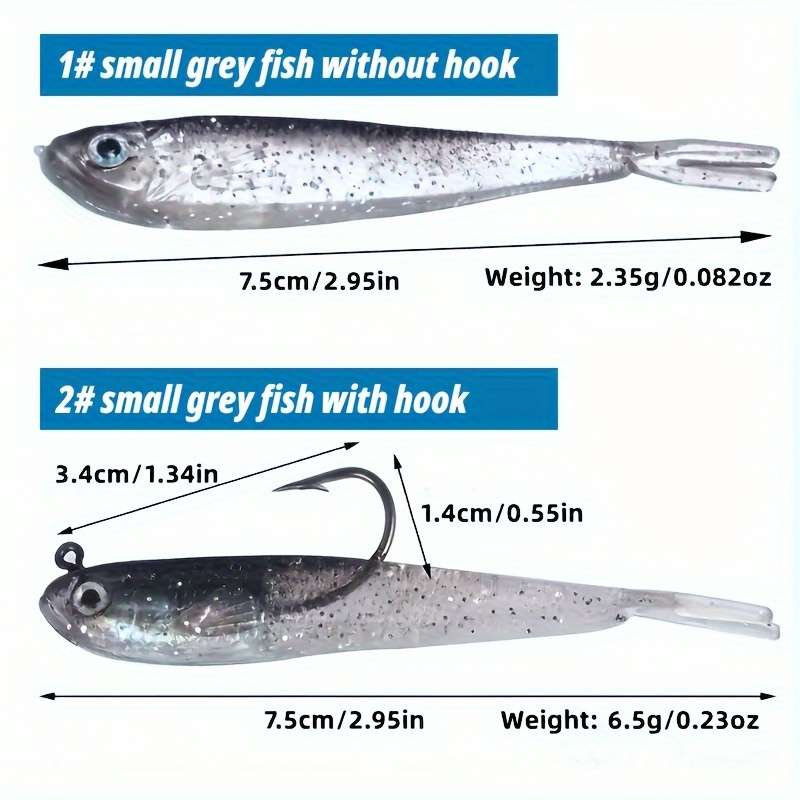5pcs Realistic PU Small Gray Fish 3D Eyes Bait Hooks for Sea River FishingWith Hook
