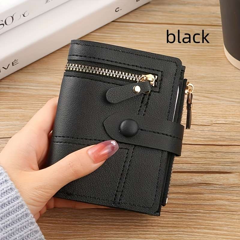 Women'S Stylish Black Short Wallet with Multiple Zippers and ClaspsLarge Capacity for Coins Chan