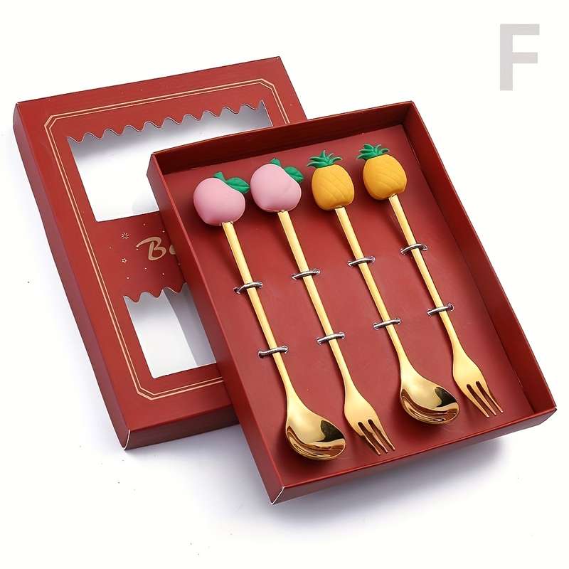 4pcs Gift Box Cartoon Spoon Stainless Steel Spoon Fork Watermelon Doll Animal Dessert Fruit Spo