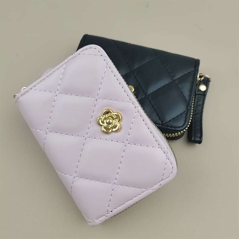1pc Elegant Pink Quilted Women's Wallet with Golden-Tone AccentsSlim Multi-Function Clutch Purse