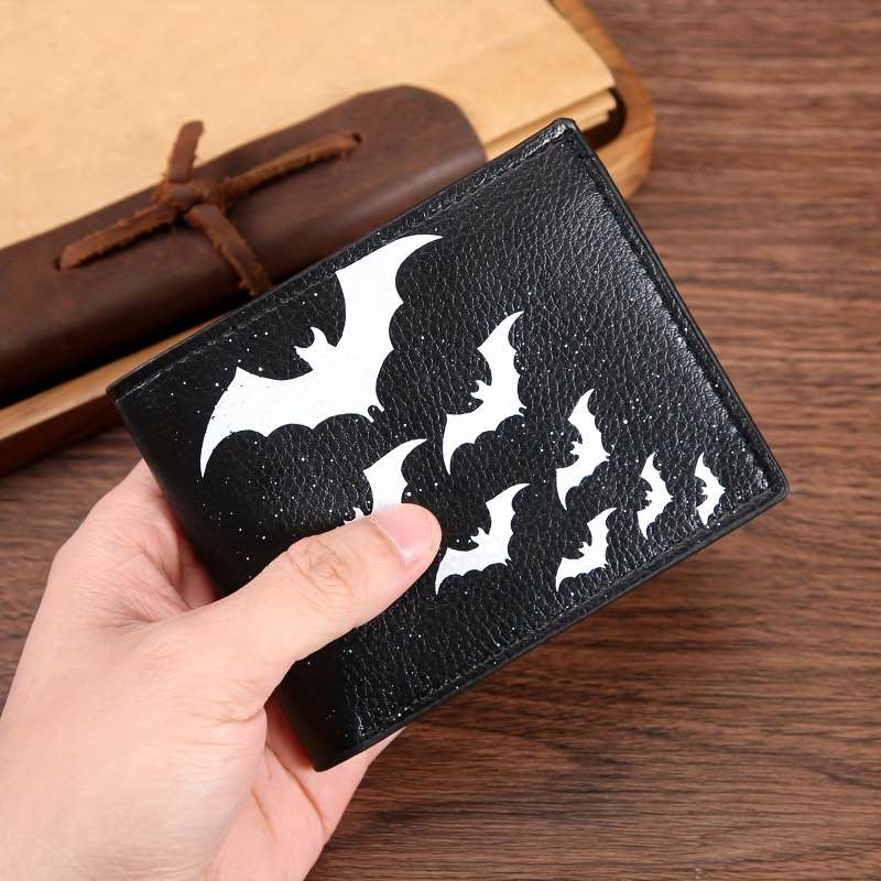 1pc Festive Black Leather Bifold Wallet with White Bat PrintPU Leather Casual Style Animal Pat