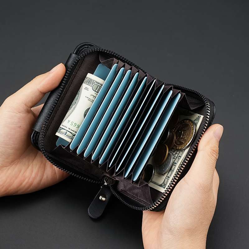1pc New Men'S Short Accordion Card Holder with Double Buttons Featuring Multiple Slots a Stylish