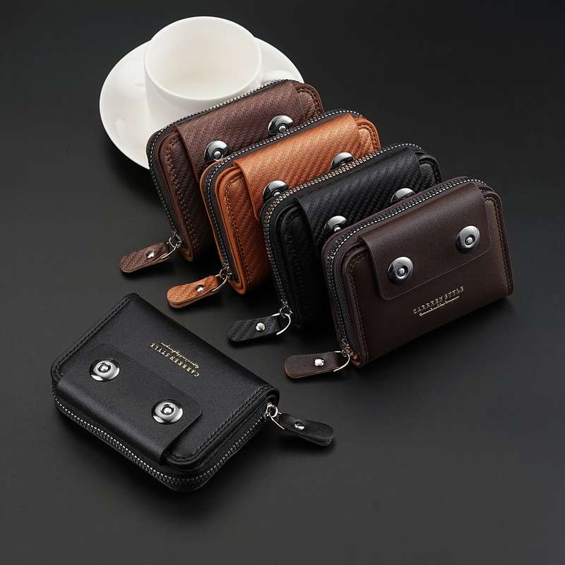 1pc New Men'S Short Accordion Card Holder with Double Buttons Featuring Multiple Slots a Stylish