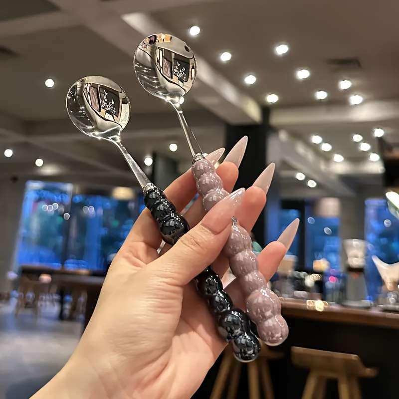 2pcs Colorful Pearl Stainless Steel Teaspoons Kitchen and Dining Utensils Dessert Spoons Hom