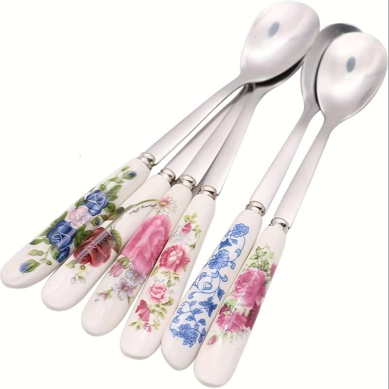 6pcs Set of Elegant Tableware Stainless Steel Coffee Spoon Dessert Spoon Ceramic Handle Sui