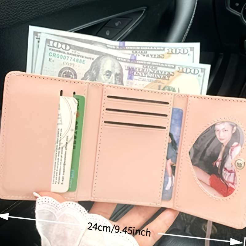 1pc Ballet Style Strap Wallet Short Design with Button Closure Three-Fold PU Card Holder Pra