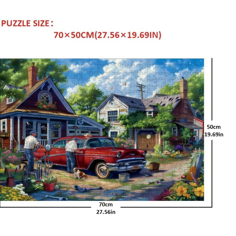 1000pcs Vintage Red Car Jigsaw Puzzle Artistic Paper Puzzle with Charming Neighborh