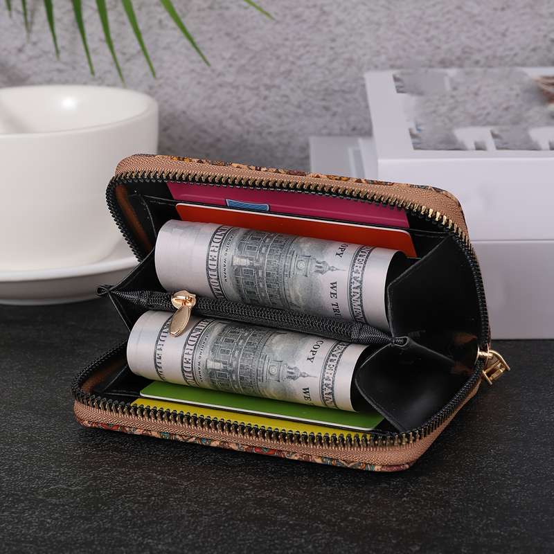 1pc Bohemian Vintage Mini Wallet Floral Pattern Short Cork Coin Purse Ethnic Style Credit Card Ho
