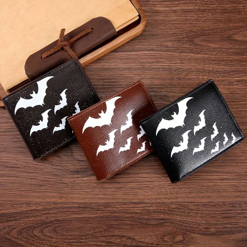1pc Festive Black Leather Bifold Wallet with White Bat PrintPU Leather Casual Style Animal Pat