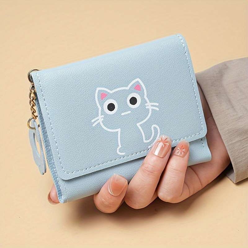 1pc Vintage Style Cartoon Cat Pattern PU Wallet Mini Tri-fold Card Holder with Cat Paw Charm