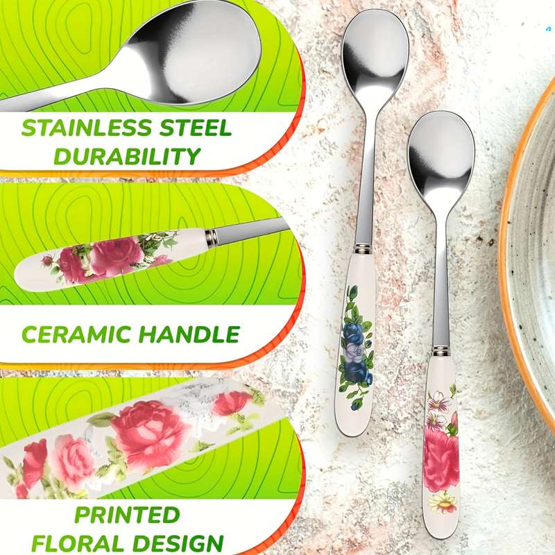6pcs Set of Elegant Tableware Stainless Steel Coffee Spoon Dessert Spoon Ceramic Handle Sui
